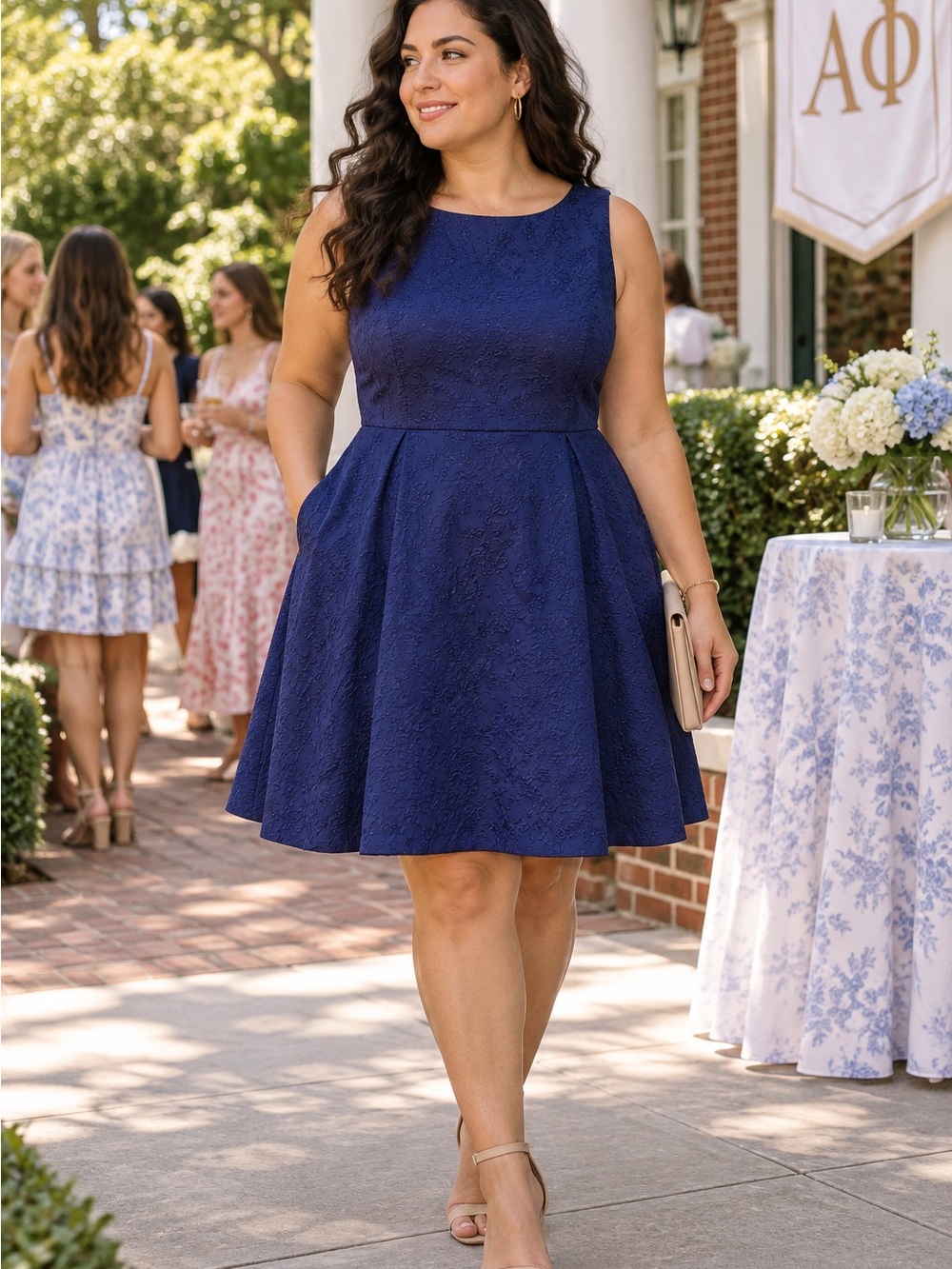 ELLE XXL Navy Blue Floral Jacquard Fit & Flare Dress